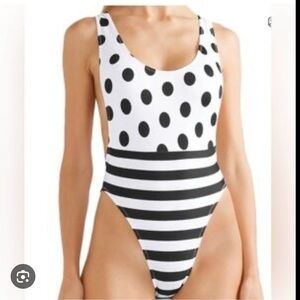 Norma Kamali Sz L Swimsuit Spliced Marissa Black polka dot Striped Vacation